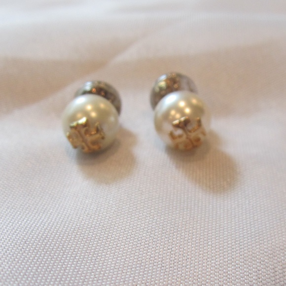 Tory Burch Jewelry - Tory Burch Pearl Stud Logo Earrings EUC